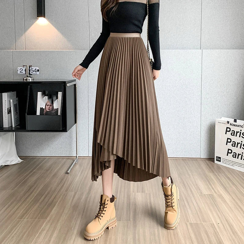 Vintage Streetwear Pleated Skirts Female Autumn Winter High Waist Irregular Long Skirt Women Fashion A Line Midi Skirts Coffee One Size 40-75kg