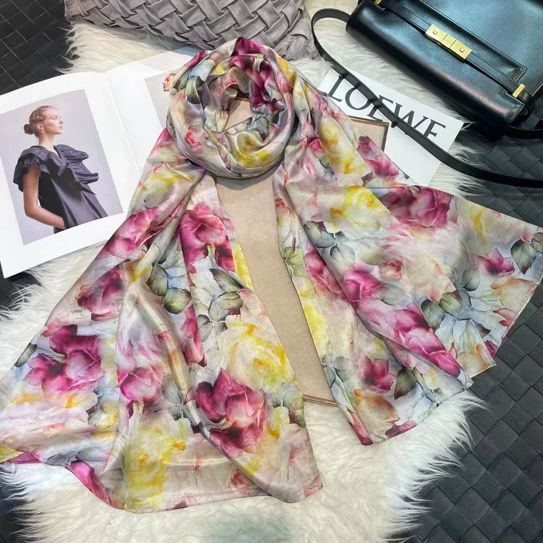 100% Mulberry Silk Scarf Shawl Brand Plum Bossom Design Blue Green Summer Beach Silk Shawls Scarfs Fall Winter Neck Head Scarf pink floral
