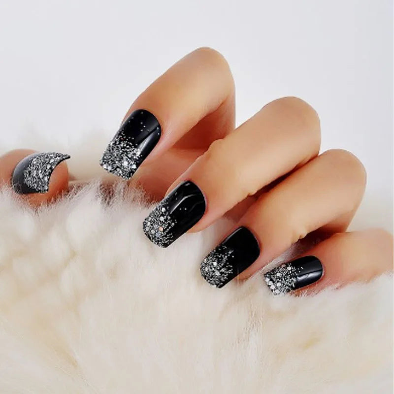 24pcs/set Glitter fake nails for women girls super flash sparkling gradient pink black tips faux ongles press on false nail art