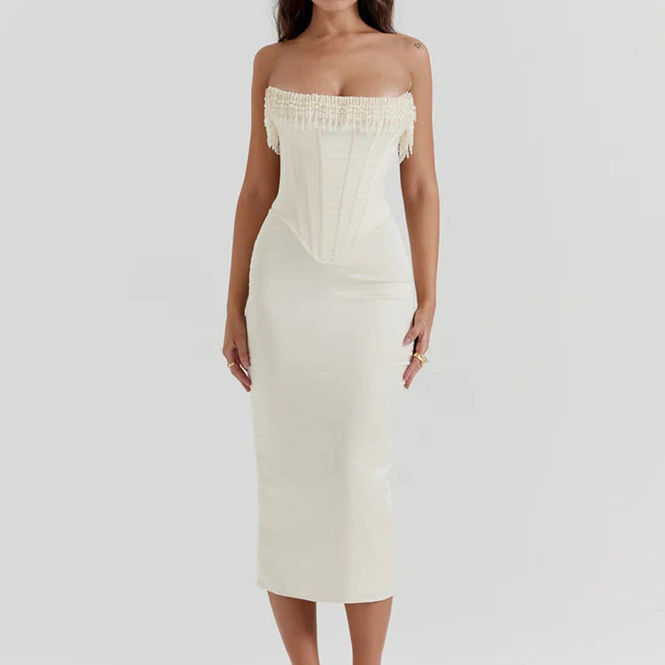 Mozision Pearl Tassel Sexy Midi Dress For Women Fashion Party Outfits Off-shoulder Strapless Backless Bodycon Club Sexy Dress As Shown in Figure