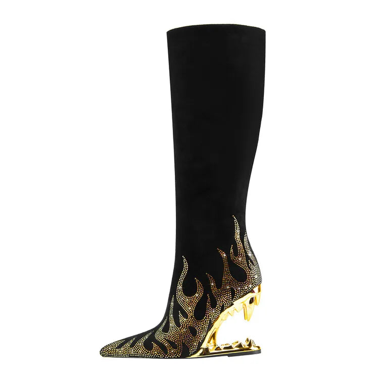 Short Plush 10cm Wolf Teeth Heel Knee Length Boots Back Zipper Pointed Colored Calf Winter Boots Silver Autumn Boots M6216-golden black
