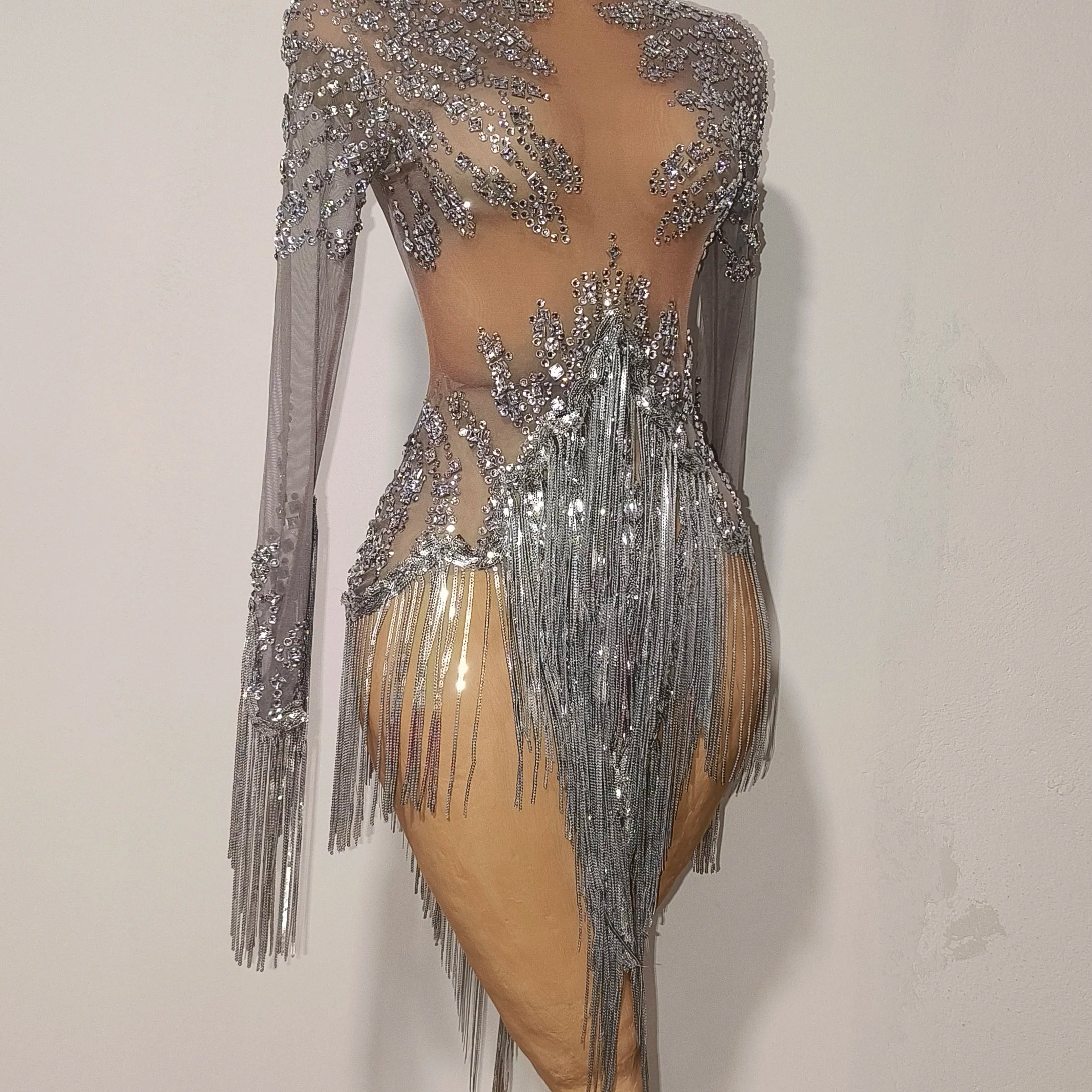 Women Sexy Mesh Silver Gray Crystal Stretchy Night Club Singer Dancer Tassel Dancer tage Costume Mini Party Dress