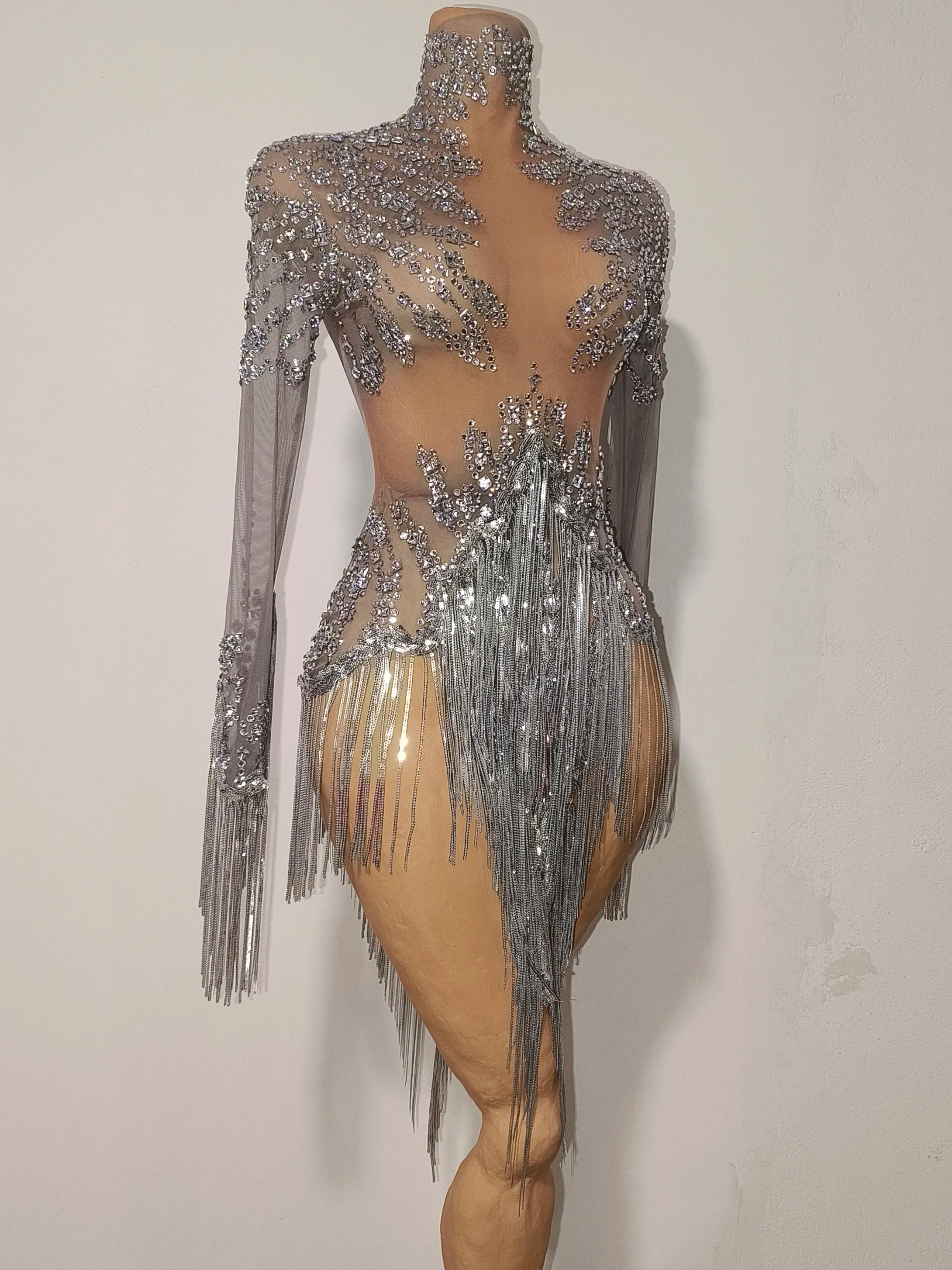 Women Sexy Mesh Silver Gray Crystal Stretchy Night Club Singer Dancer Tassel Dancer tage Costume Mini Party Dress