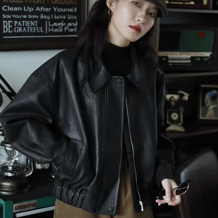 Spring Autumn Cool Handsome Short Brown Hard Pu Leather Jacket Women Zipper Long Sleeve Luxury Designer Clothes 2024 Black