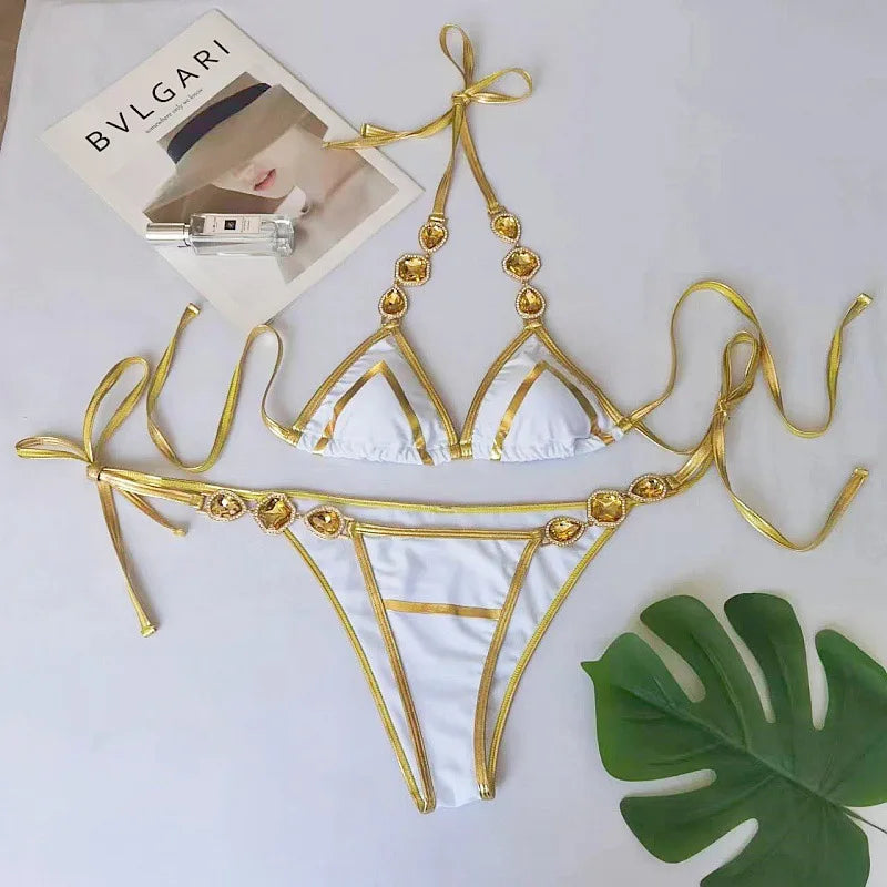 Sexy Rhinestones Bikinis Set Women Swimwear Solid Color Swimsuit Crystal Shinning Diamond Bathing Suit Biquini Beachwear