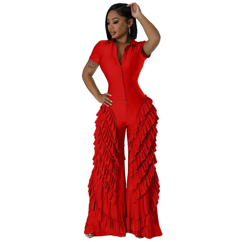 CM.YAYA Fashion Women Mult Ruffles Short Sleeve Zipper Fly Wide Leg Shirt Jumpsuit 2024 Streetwear Romper One Piece Set Playsuit