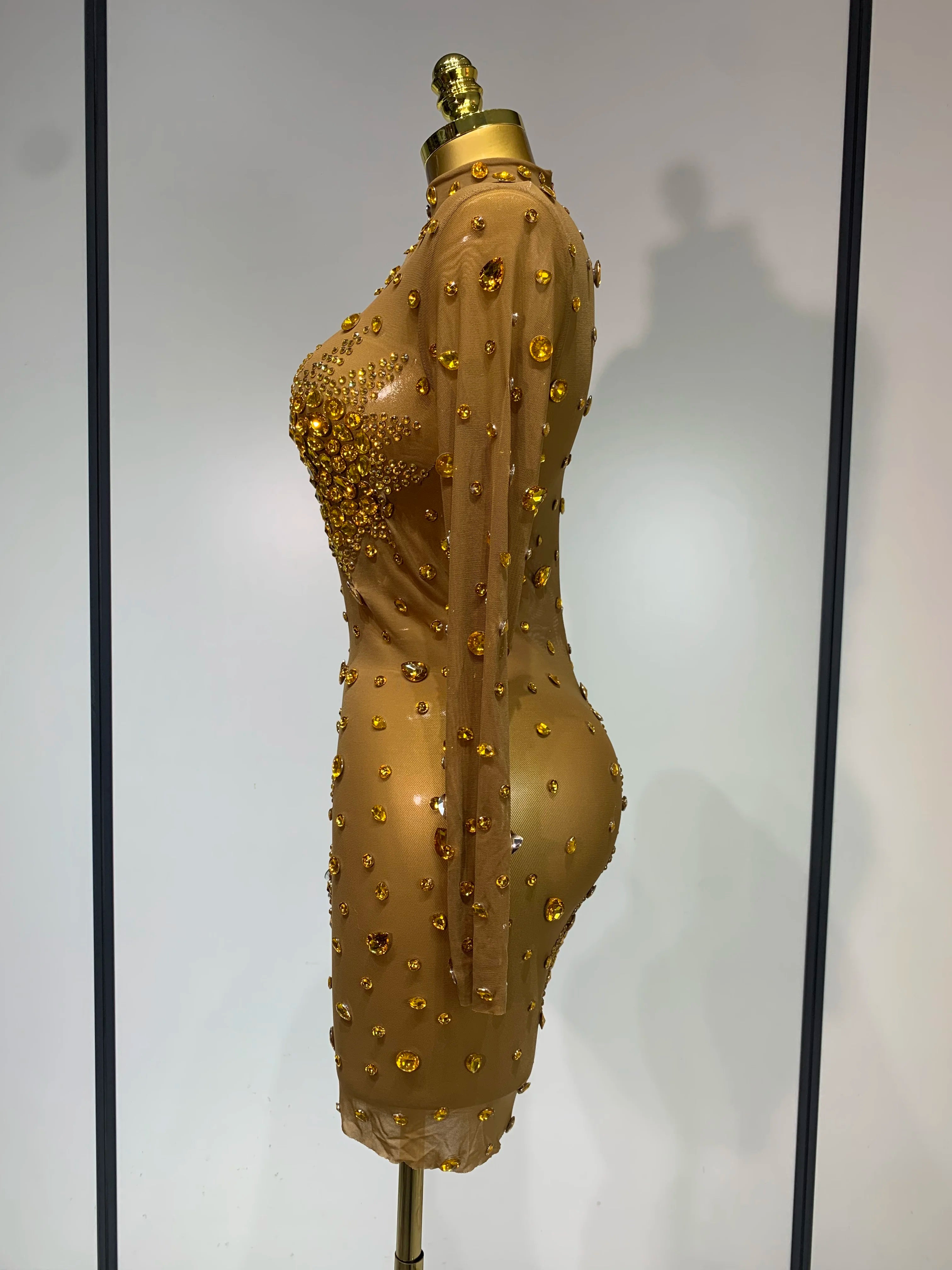 Women Sexy Gold Rhinestones Sparkly See Through Mini Dress Evening Party Fashion Performance Stage Outfit Luxury Birthday Dress