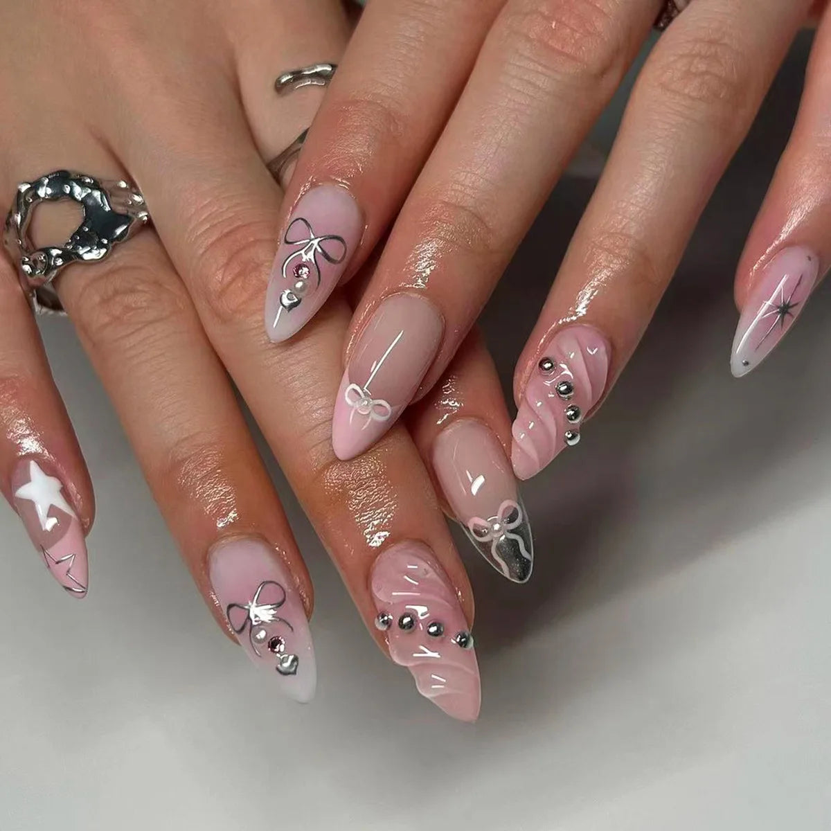 24Pcs Mid-length Almond Fake Nail Tips Pink French 3D Press on False Nails with Bow Design Wearable Oval Head Manicure Art