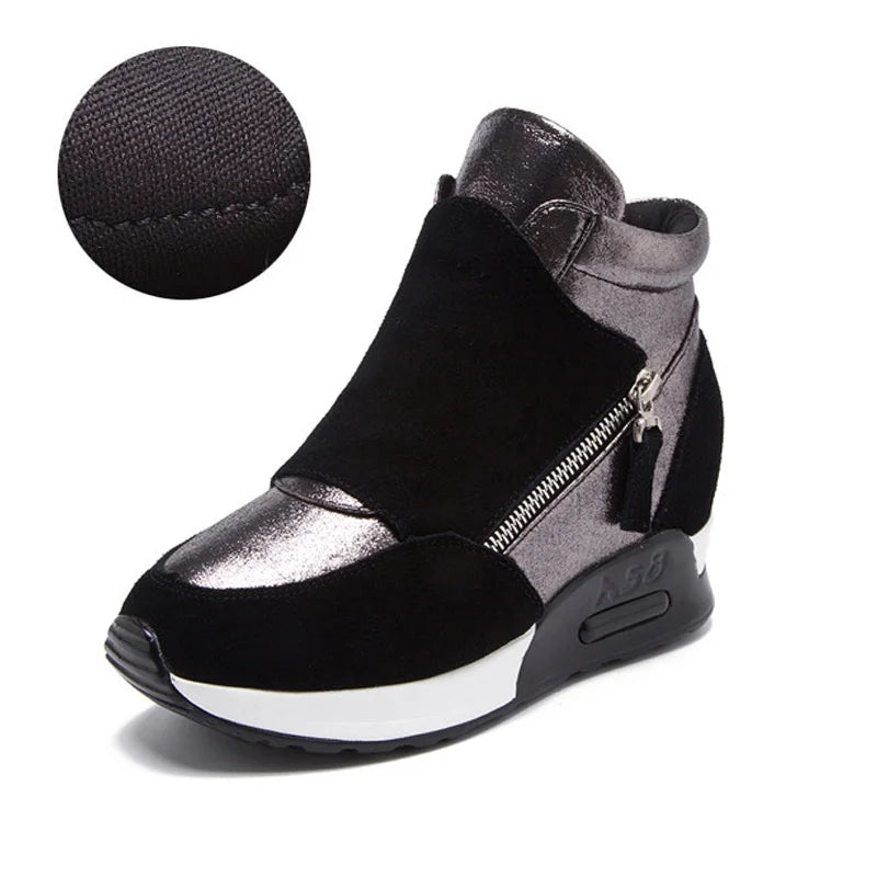 Snow Boots Women Autumn Winter Genuine Leather Warm Shoes Fashion Ladies High Top Sneakers Height Increasing 3cm Black Cloth