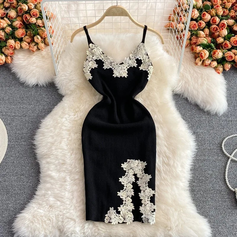 Chic Fashion Sexy Package Hips Lace Patchwork Knitted Summer Dress Women Black Mini Party Dress Streetwear Outfits black One Size