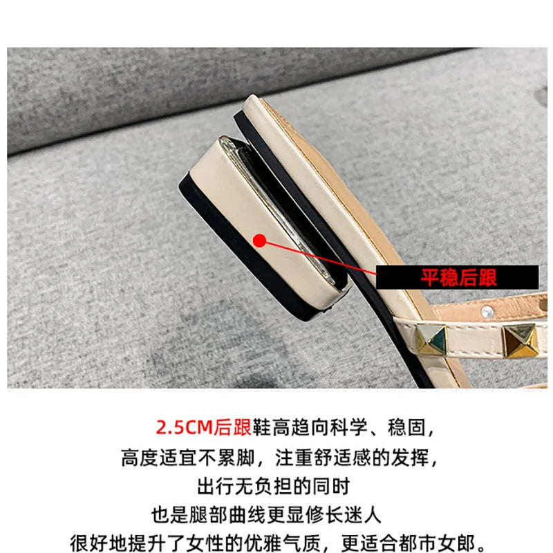 Summer low heel women rivets sandals thin ribbon fashion Korean design girls shoes large size wear slippers free delivery