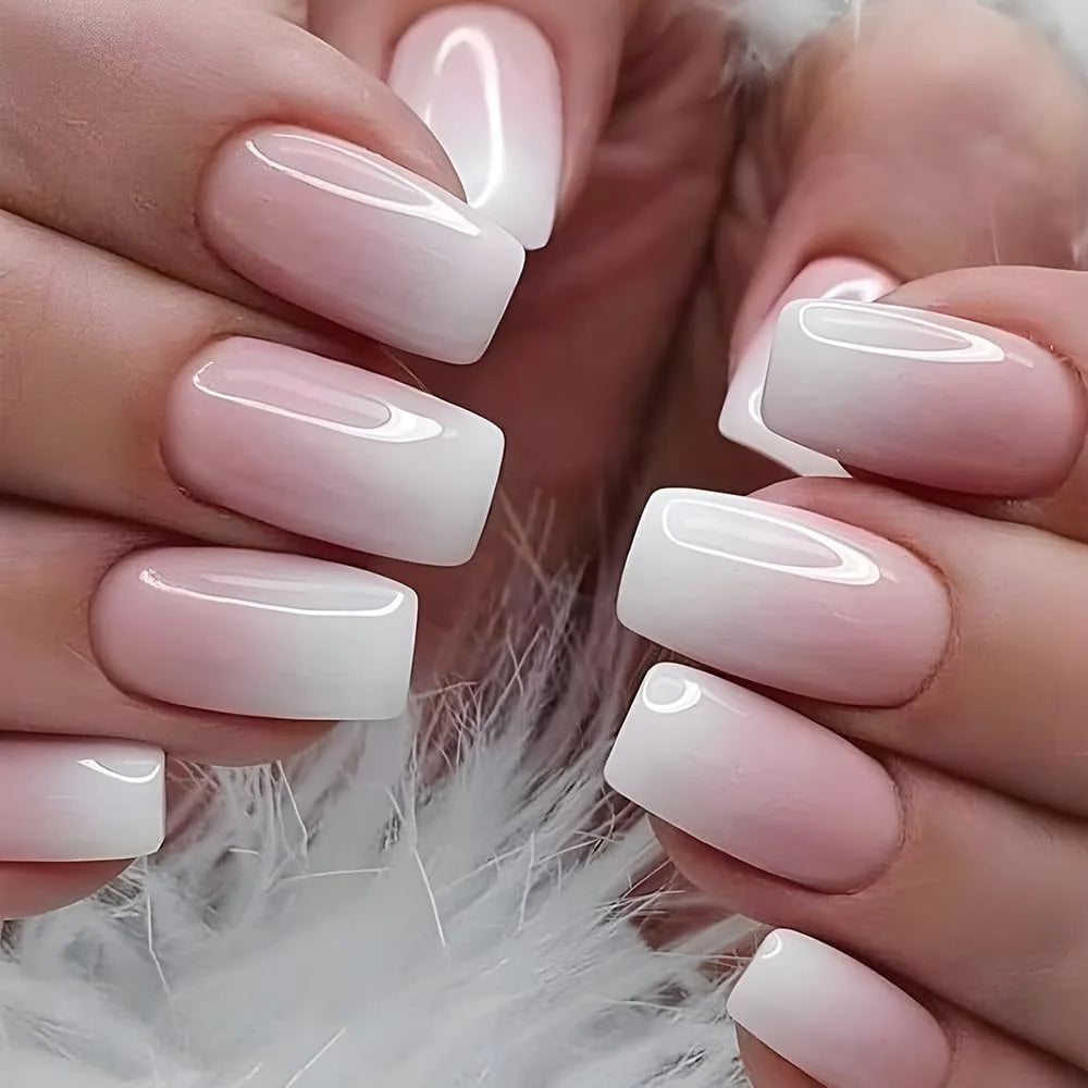 24pcs/set short fake nails gradient nude pink jelly glossy square ballet french tips Reusable faux ongles press on false nail