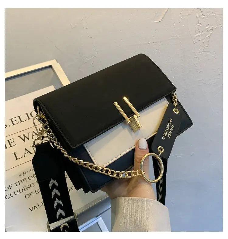 PU Small Bag Women's Wide Shoulder Strap Chain One-Shoulder Crossbody Bag Black