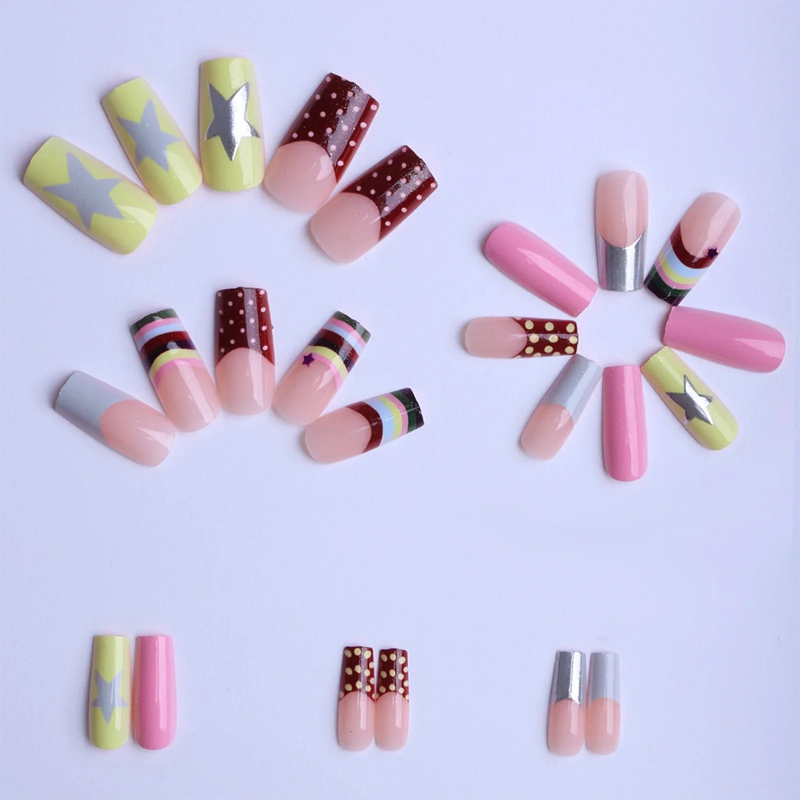 Colorful French Fake Nails 24Pcs Y2K Girls Charm Manicure Medium-length Square Press On Nails Star/Dot Printed Artificial Nails