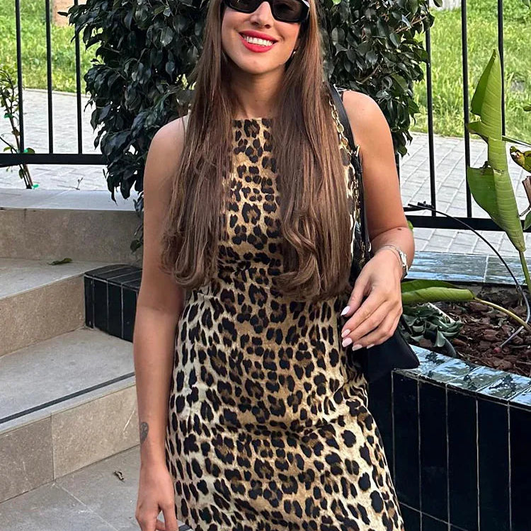 TRAFZA Summer Chic Leopard Print Sexy Women's Mini Dress Retro Round Neck Sleeveless Zipper Decoration Women's Party Dress Y2K