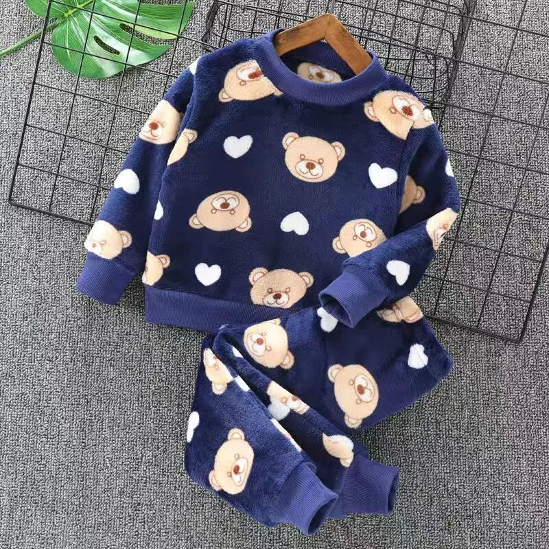 Baby Boys And Girls Clothing Set Tricken Fleece Children Hooded Outerwear Tops Pants 3PCS Outfits Kids Toddler Warm Costume Suit Blue 1