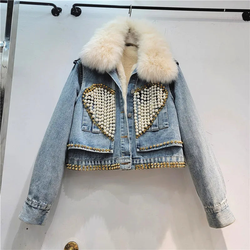 Women's Denim Coat Fox Collar Heart Beading Embroidered Flares Rivet Plush Thick Jackets Winter New Fashion BLUE