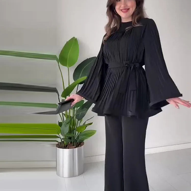 Loose Pleated Top Pants Women Belt Suit Elegant O-neck Long Batwing Sleeve Big Swing Top Wide Leg Pant 2 Piece Sets Outfit