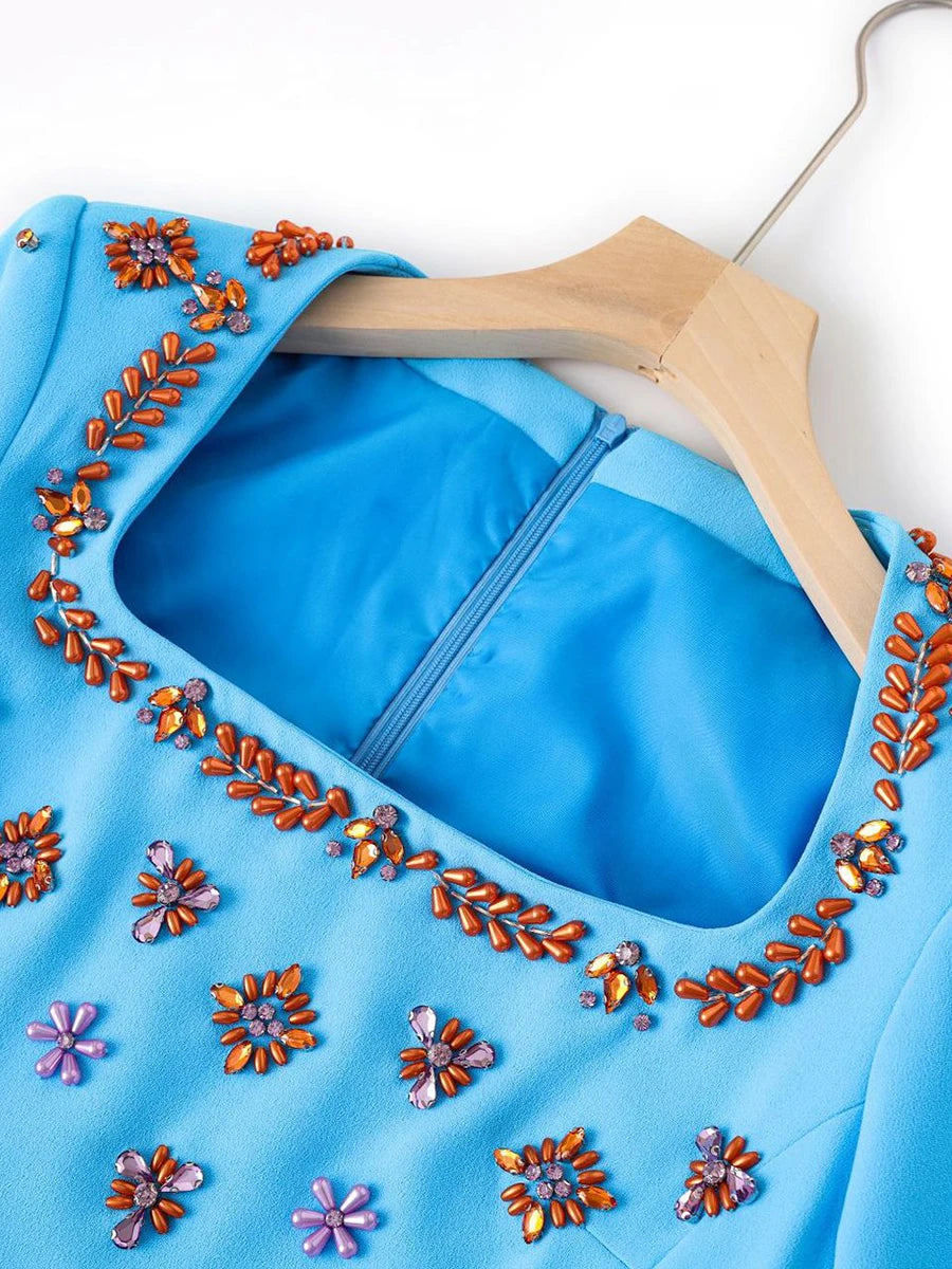 TWOTWINSTYLE Solid Slimming Spliced Bead Luxurious Dresses for Women Square Neck Long Sleeves Temperament Dress Female Clothing