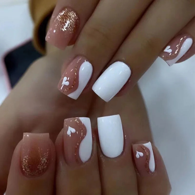 24Pc Square French Fake Nails with Heart Love Designs Glossy White Pink Press on Nails Full Cover False Nail for Valentine's Day