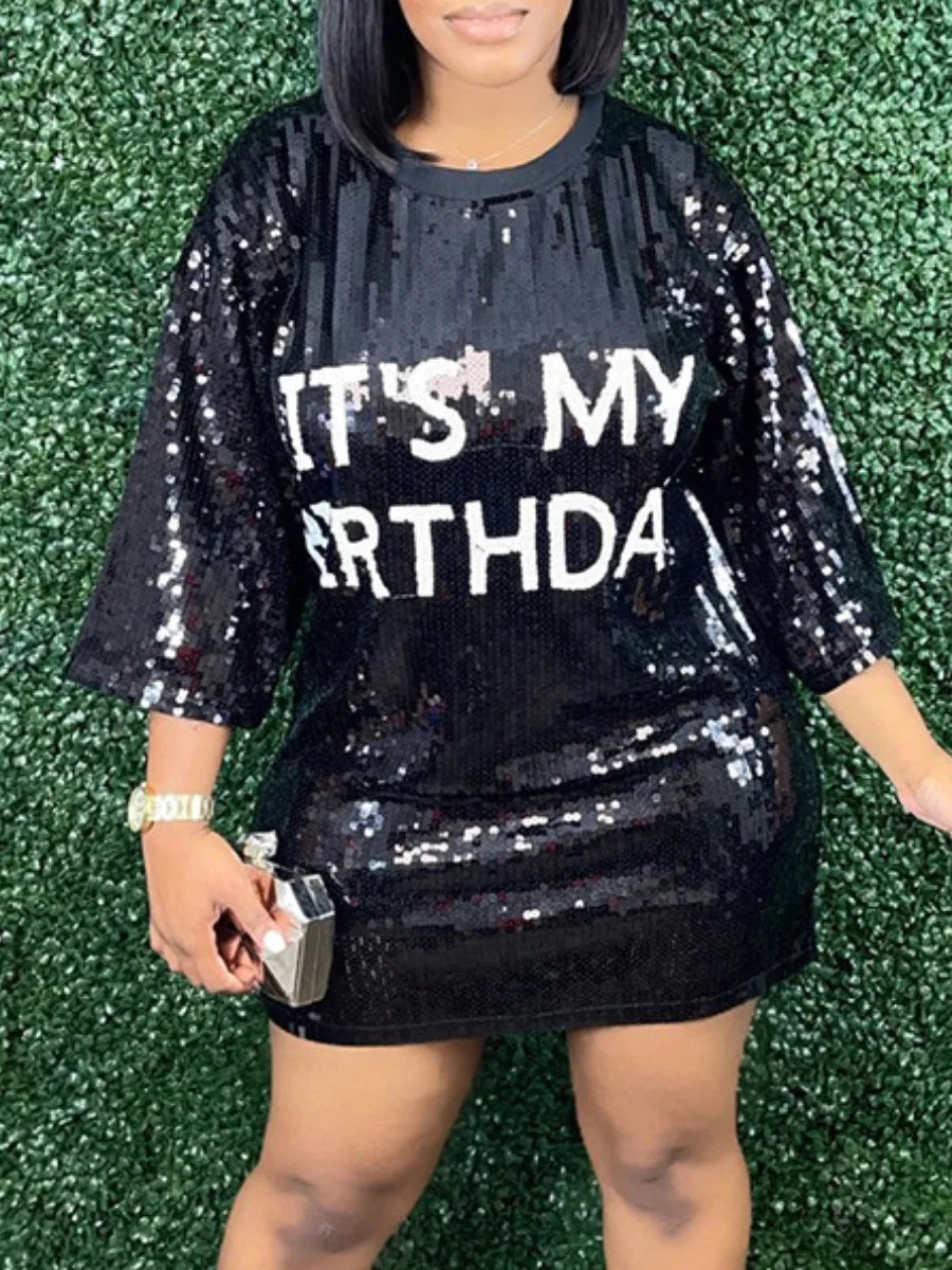 LW Multicolor Sequins Mini Dresses Heart Plaid Decor Sequin T-shirt Loose Dress Half Sleeve Color Block Party Night Clubwears Black