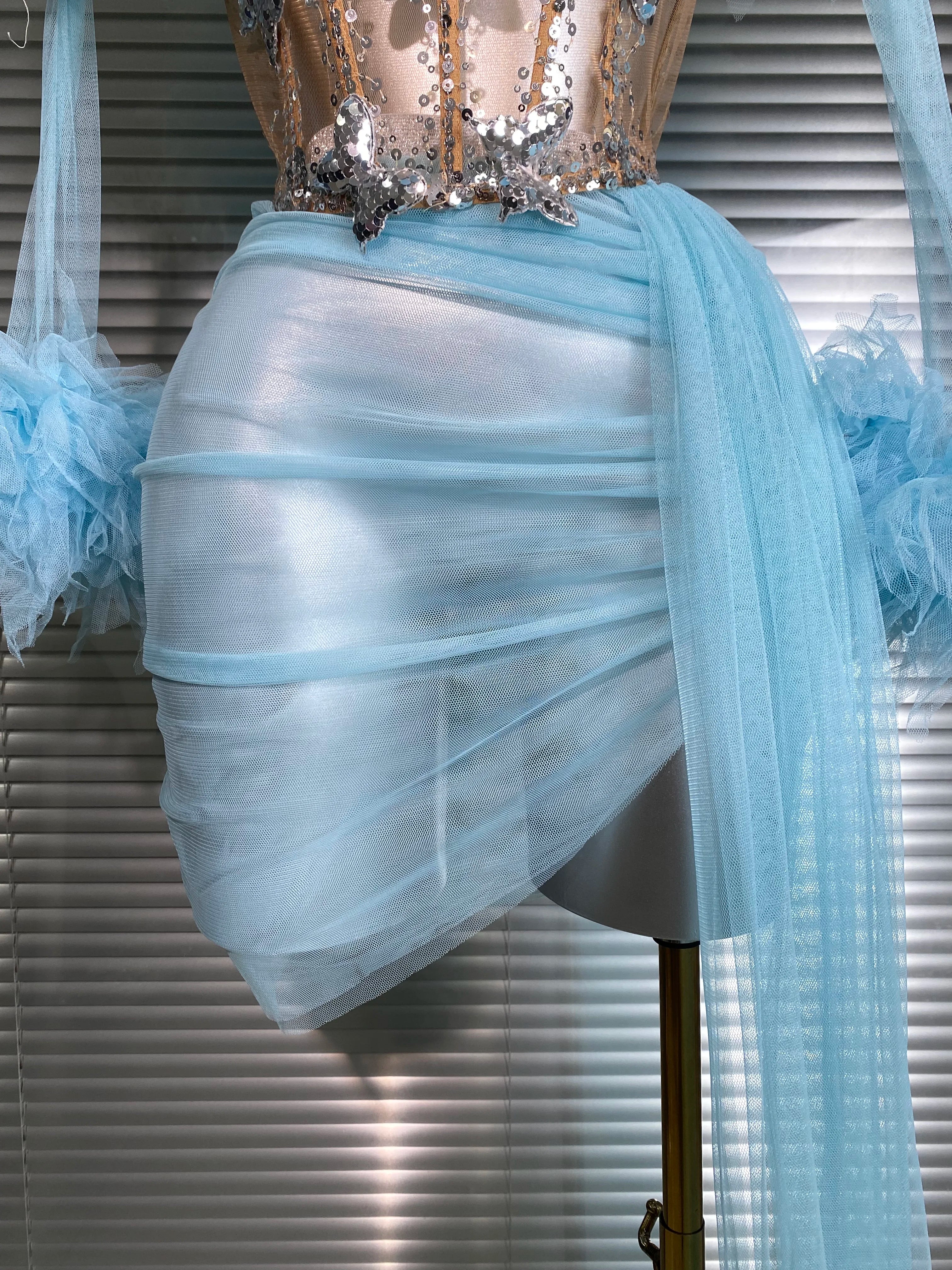 Summer New 2025 Sexy Two Pieces Set Women Celebrity Sky Blue Mesh Night Club Sheer Skirt Suits Stage Performance Costume