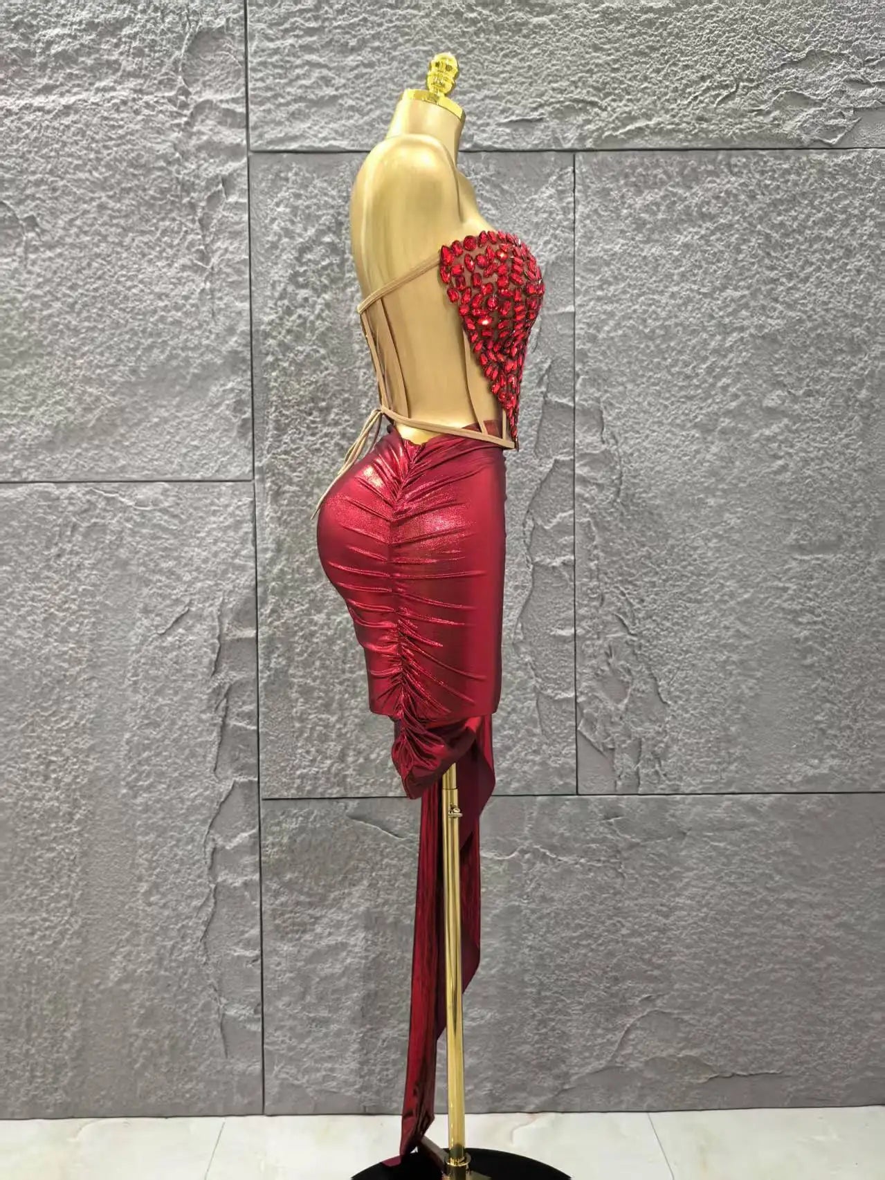 Shinning Red Crystal Women Sexy Strapless 2 Pieces Bodycon Mini Dress Nightclub Party Celebrate Birthday Photo Shoot Wear