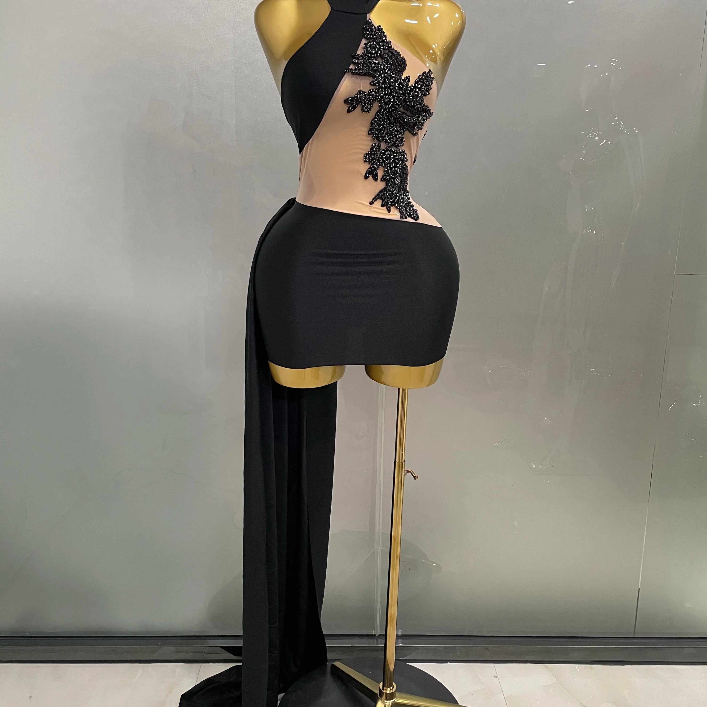 Sexy Sparkly Beaded Mesh See-Through Backless Cocktail Short Dress 2025Women Evening Prom Celebrate Birthday Party Stage Costume