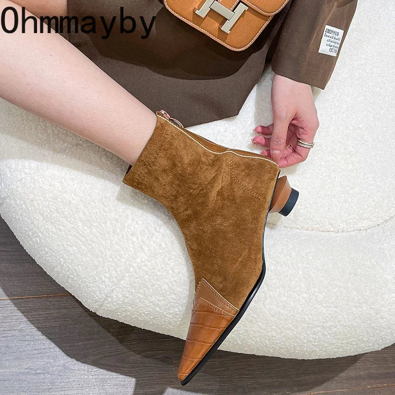 Spring Autumn Women's Ankle Boots Fashion Pointed Toe Short Botas Ladies Elegant Low Heel Shoes Winter Women's Pumps