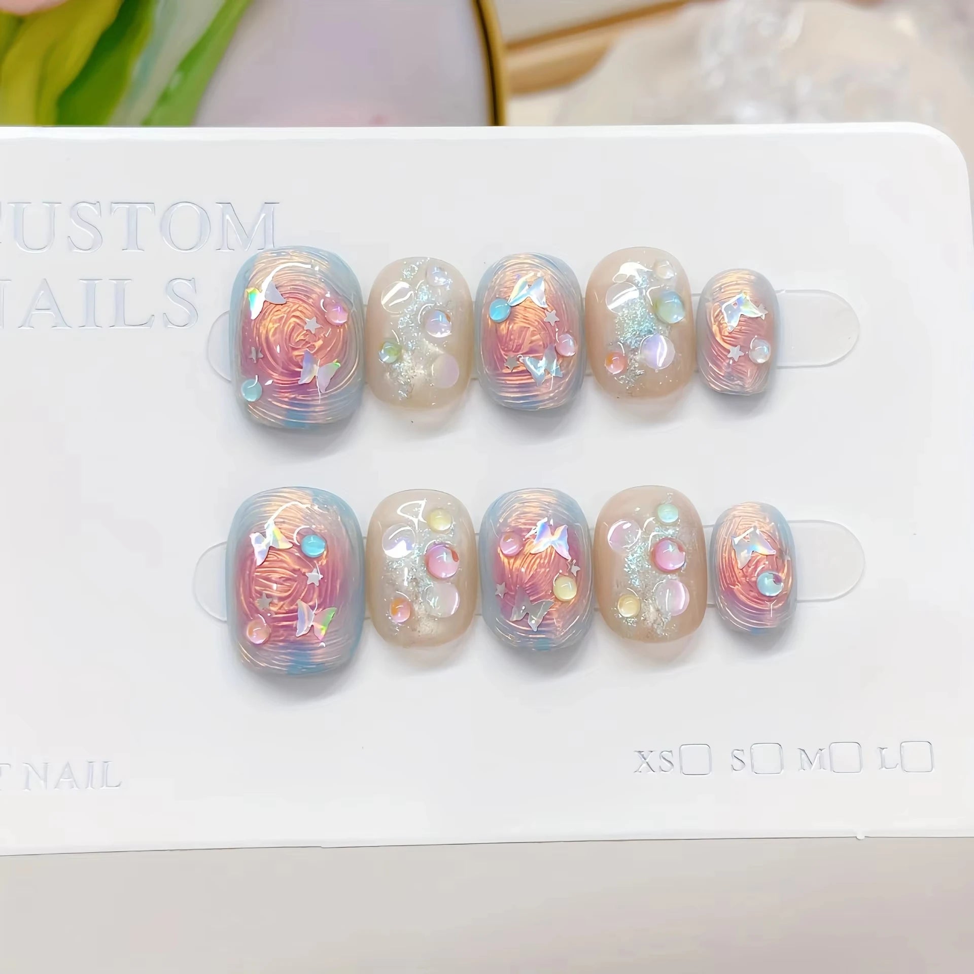 10pcs Handmade Press on Nail Ice Blue Ocean Star Ice-transparent Texture False Nail for Women&Girl Short Oval Wearable Nail