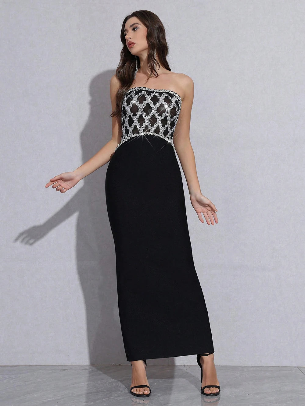 High Quality Sexy Strapless Diamond Sequin mesh Patchwork Bodycon Bandage Long Dress Women Fashion Celebrate Evening Party Gowns