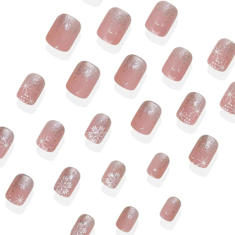 24Pcs Winter Collection Press on Nails Silver Glitter Gradient with White Snowflake and Four-Pointed Star Perfect Gift for Girls