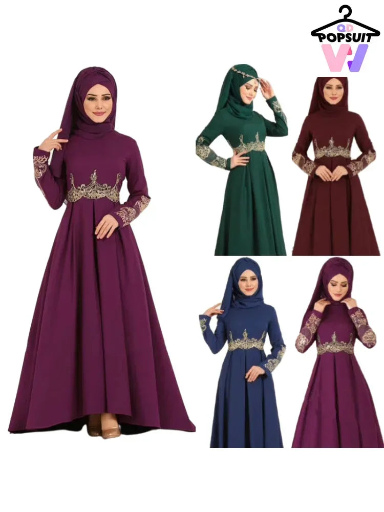 New In Women Dress NO Scarf Elegant Muslim Islam Abaya Embroidered Elastic Falbala High Waist Slim Party Robe Swing Robe Dresses