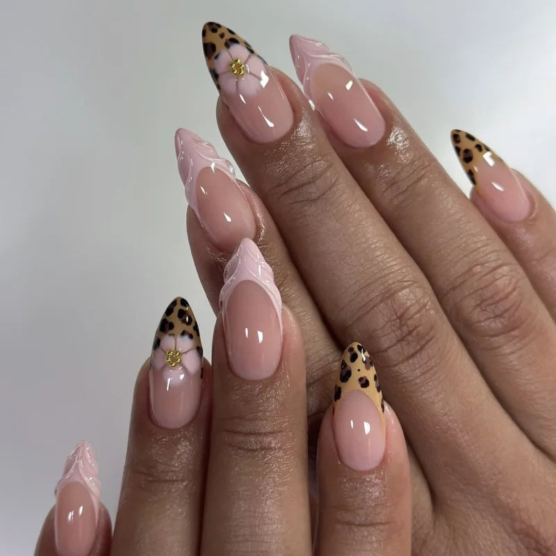24pcs Leopard Print French False Nails Pink Flower Decor Press on Nails Wearable Reusable Sweet Cool Almond Fake Nail Tips