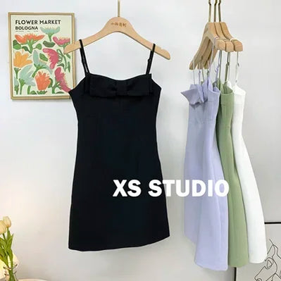 French New Female Sexy Bow Above Knee Suspender Dress Women's Summer Fashion Elegant Sleeveless A- Line High Waist Dress style B black