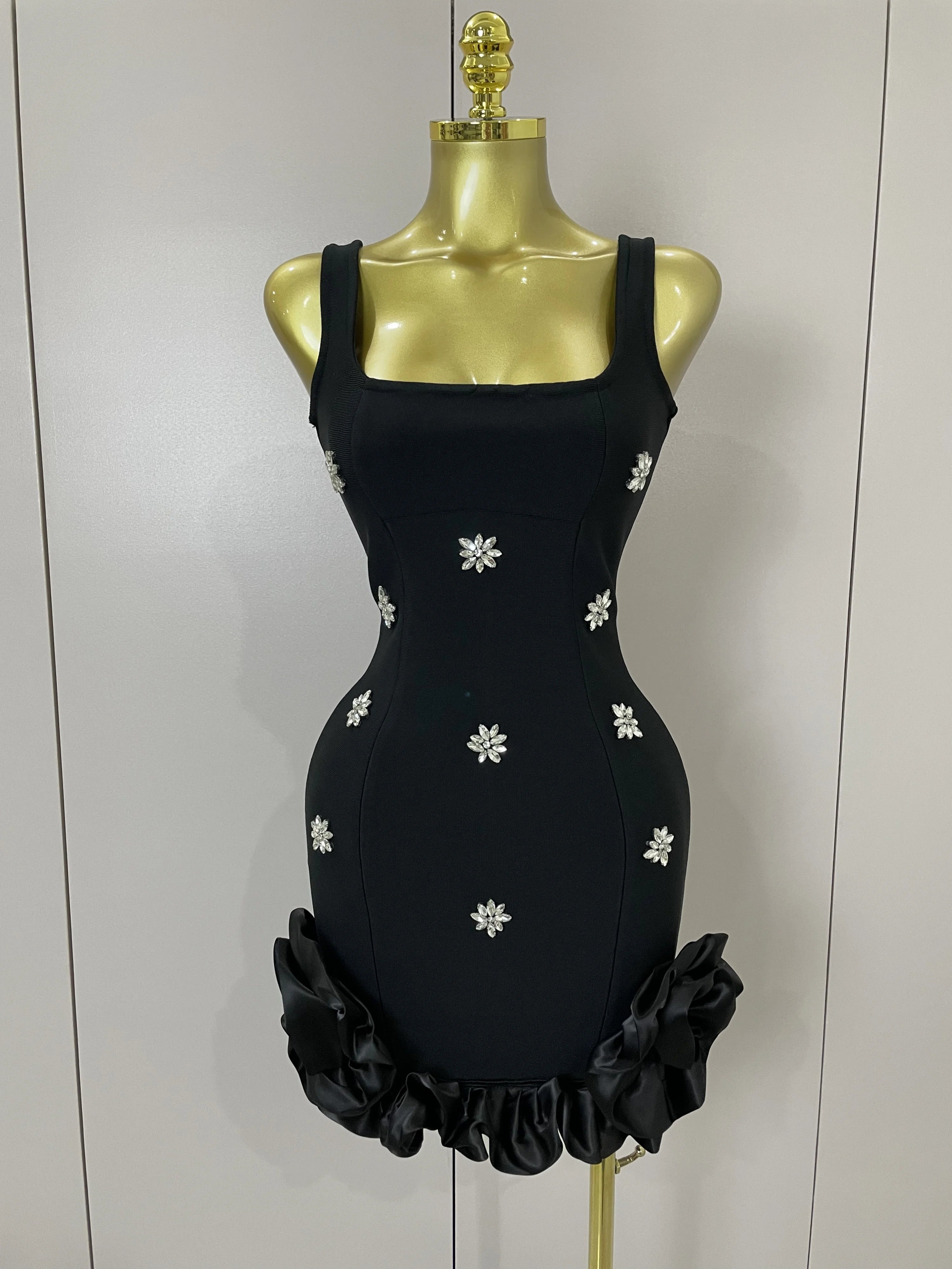 2025 New STyle Shining Crystal Women Sleeveless Bodycon Mini Bandage Dress Elegant Ruffles Cute Birthday Party Celebrate Dress