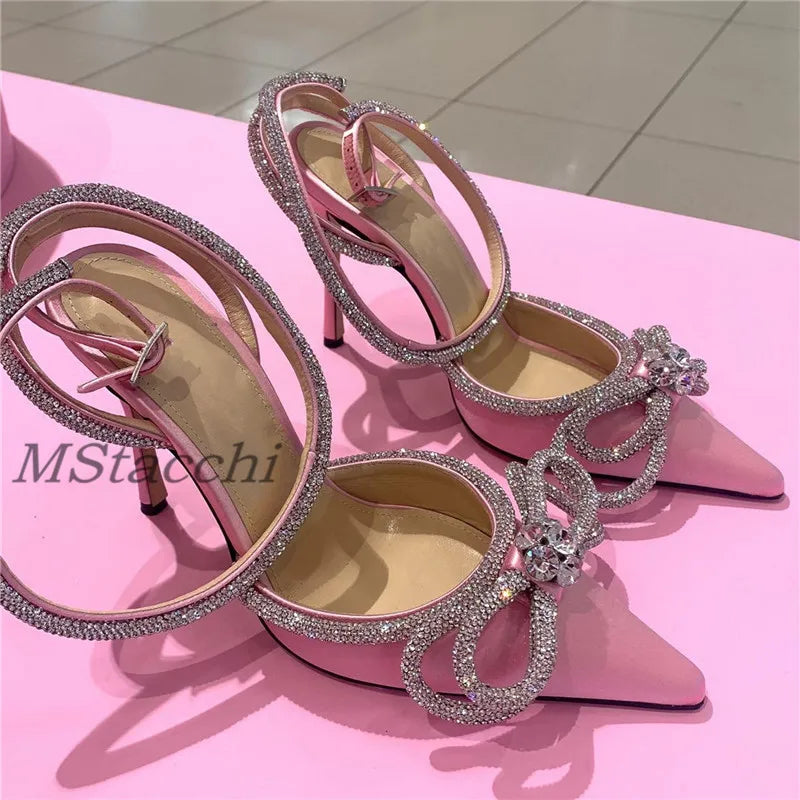 Glitter Rhinestones Women Pumps Crystal Bowknot Satin Sandals 2025 Summer Transparent Shoes High Heels Party Prom Designer Shoes