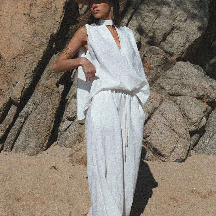 Clacive Fashion Loose White Cotton Trousers Sets For Women 2 Pieces Elegant Sleeveless Tank Top With High Waist Wide Pants Set