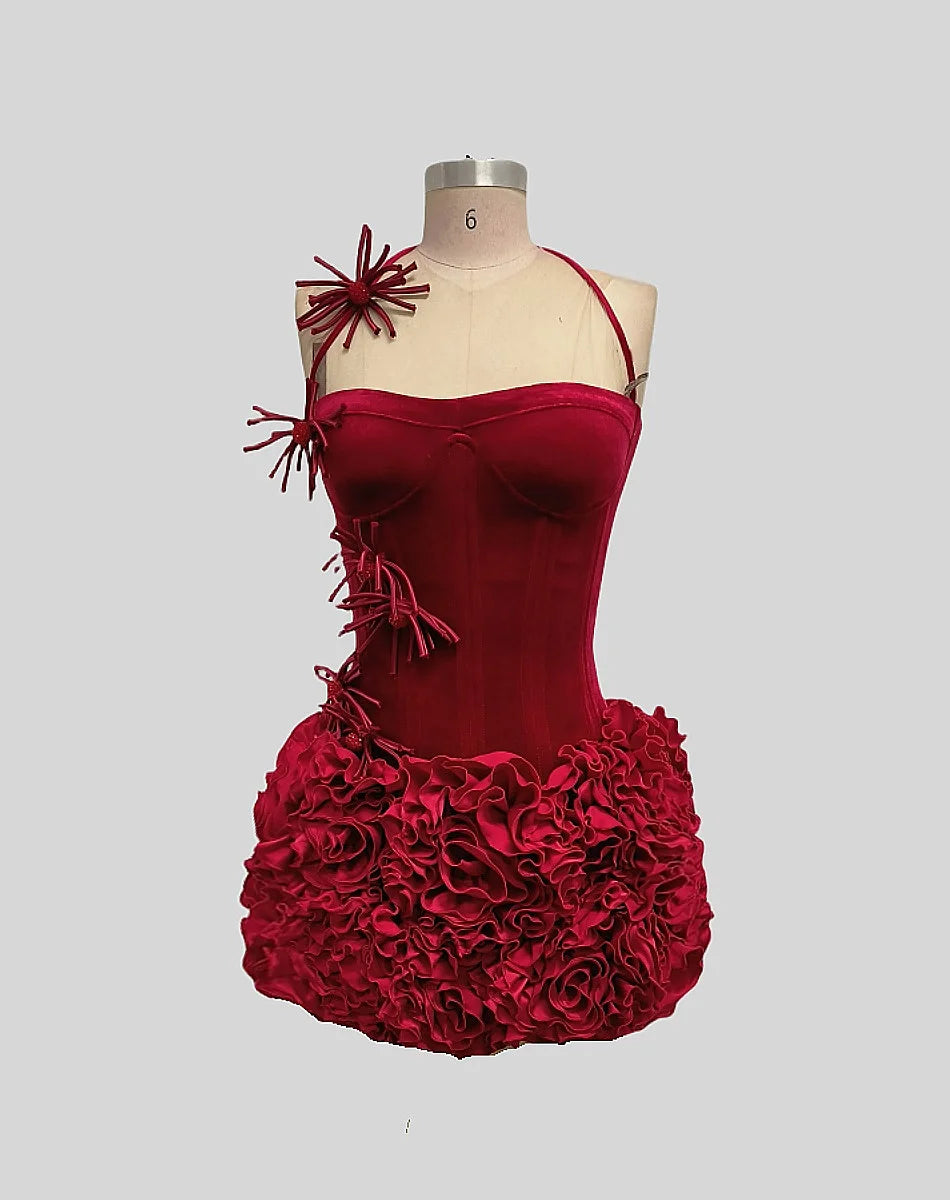 2025 New Sweet Women Set Sexy Strapless Laced-up Tops Florlas Bodycon Mini Velvet Skirt 2 Piece Celebrate Birthday Party Dress