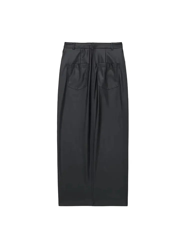 TRAF 2023 Autumn Women's Zipper Fly Lady Skirts Mujer Side Pockets Faux Leather Midi Skirt Clothing