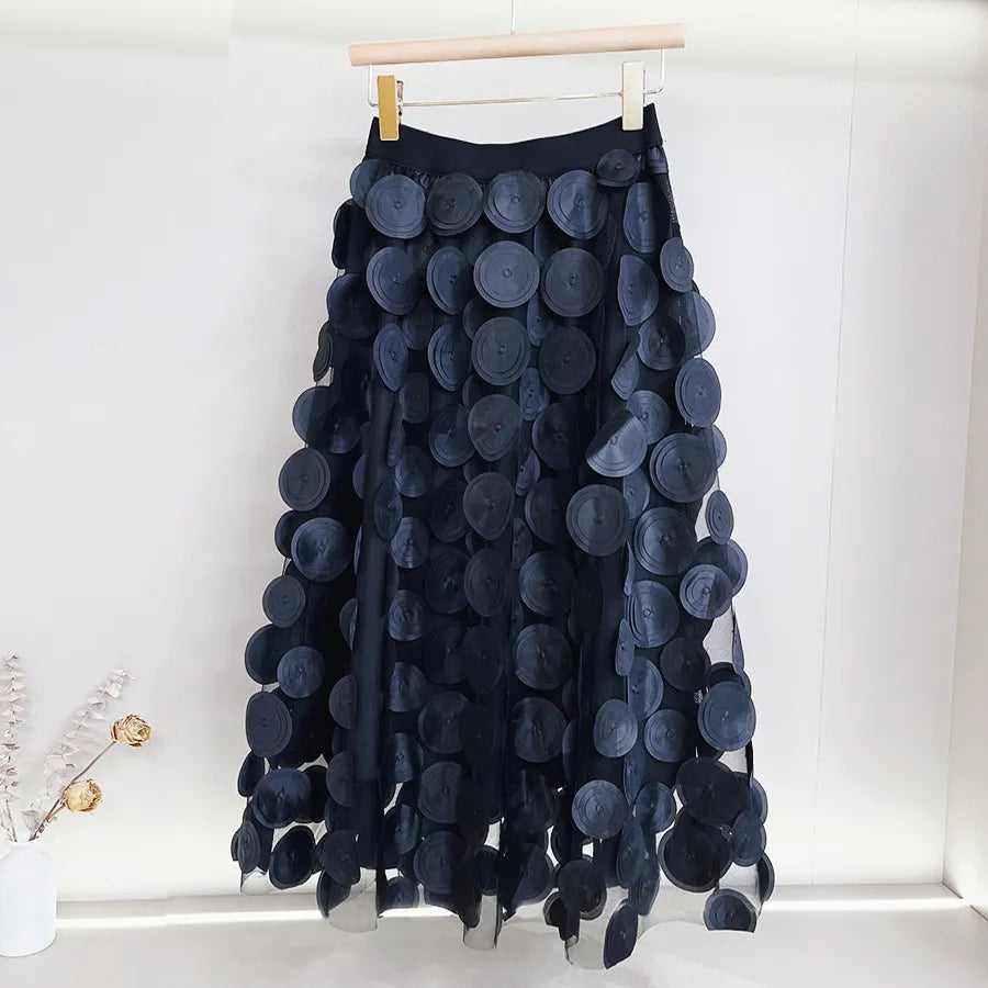 Women Polka Dot 3D Design Tulle Mesh Skirt Vintage Elastic Waist Long A-line Tutu Skirt Black One Size