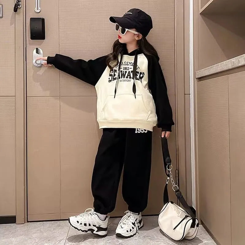 Spring and Autumn Fashion Kids Girl Set Letter Loose Large Pocket Hoodies+Pants 2Pcs School Loungewear Tracksuit 5-16 Years apricot