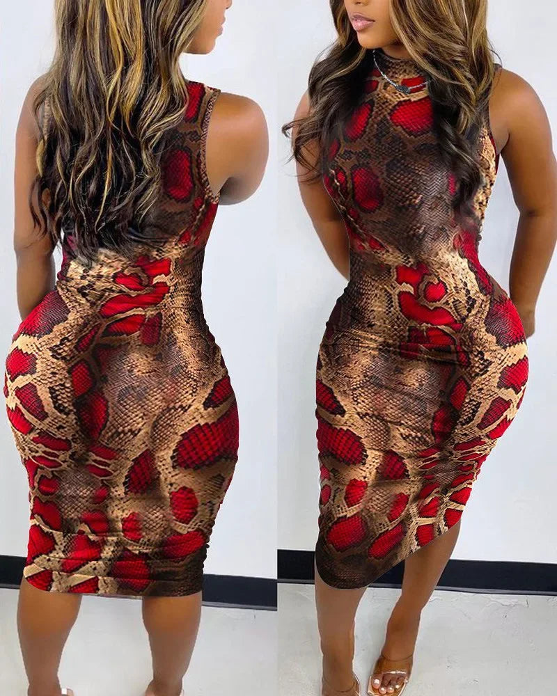 Summer Women Sleeveless Dress Printed Sexy Slim Pullover O Neck Midi Bodycon Dress Nightclub Party Elegant Evening Dresses Brown