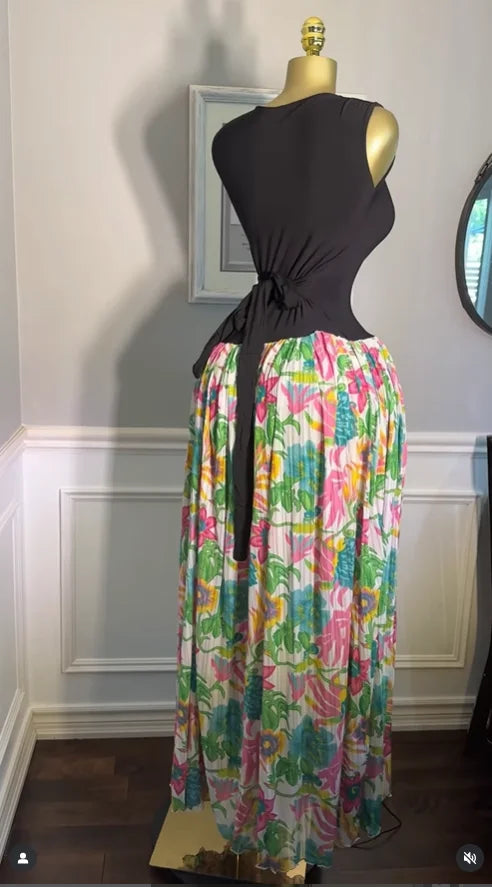 CM.YAYA Women Sleeveless with Sashes Printed Patchwork Tank Long Maxi Dress 2025 Birthday Evening Sexy Party Dresses Vestidos