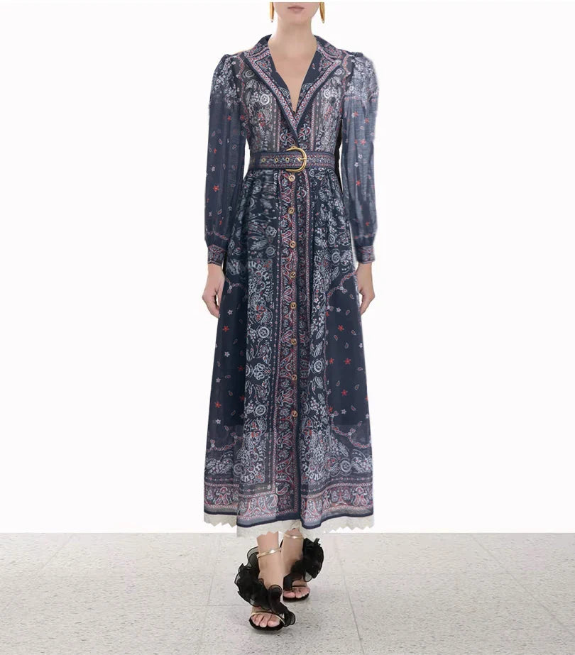 Summer Vintage For Women Printing Dresses Long Sleeve Lapel Single Breasted Chiffon Dress High Waist New Luxury Female Clothing black