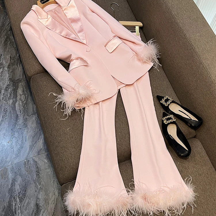 Feather Sleeve Pant Sets Blazer Pantsuits Two Pieces Set Spring Satin Collar Jacket Straight Pants Suits Outfits Women pink sets