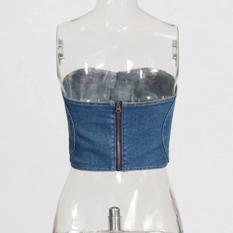 Soild Two Piece Sets for Women Straplelss Sleeveless Vest High Wiast Patchwork Hollow Out Jeans Elegant Set Female