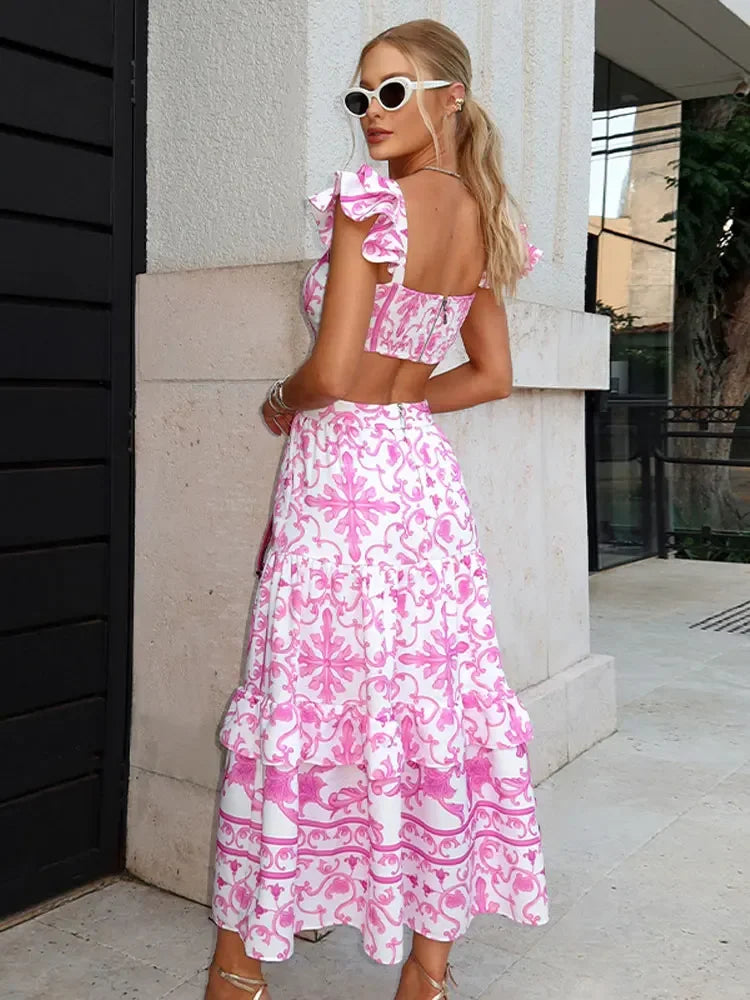 Shoulder Pads Print Hollow Out Maxi Dress Bohe Square Neck Flying Sleeve Backless Dresses Lady Chic Beach Holiday Robes