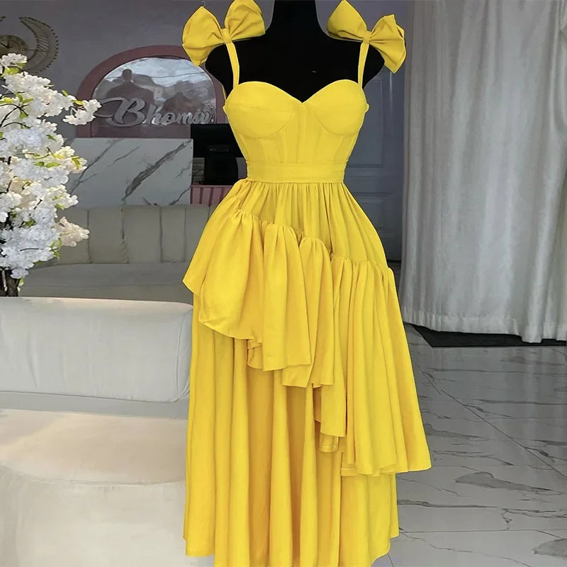 CM.YAYA Women Sleeveless Strap Bow Ruffles Long Maxi Dress 2025 Holiday Beach Birthday Evening Sexy Girl Party Dresses Vestidos Lemon yellow
