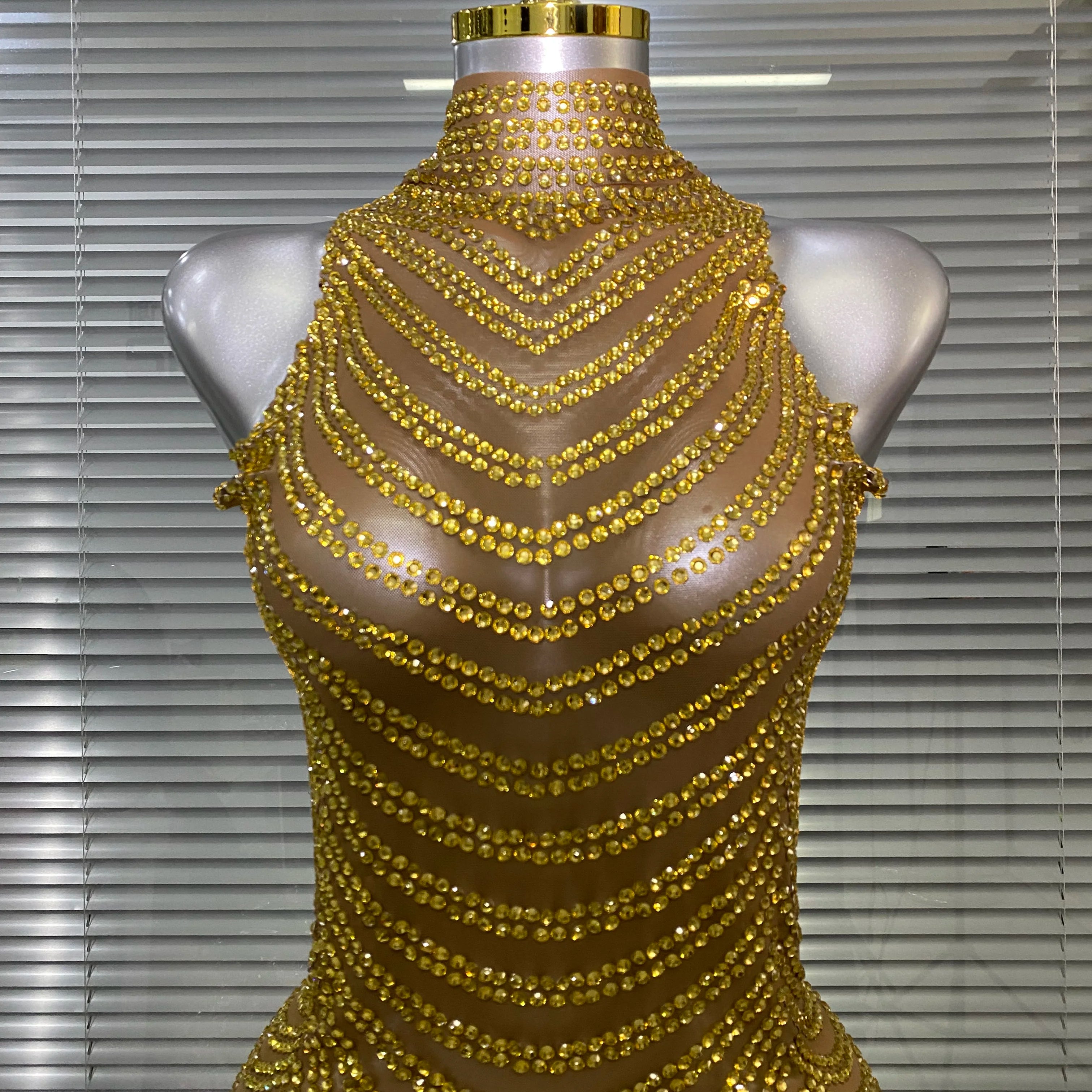 Women Sexy Mesh Crystal Diamonds Gold Long Maxi Dress See Through Celebrity Party Costume Singer Stage Performance Costume